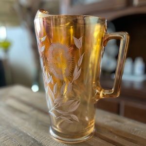 Jeanette Marigold Cosmos Lusterware Iridescent Carnival Glass Pitcher